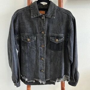 Black Denim Jacket with Distressed Hem